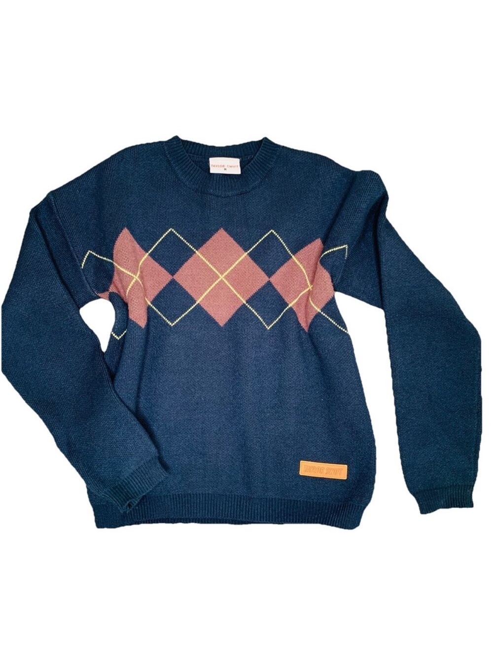 Taylor Swift Navy Crewneck Sweater with Pink Argyle and Yellow Accent